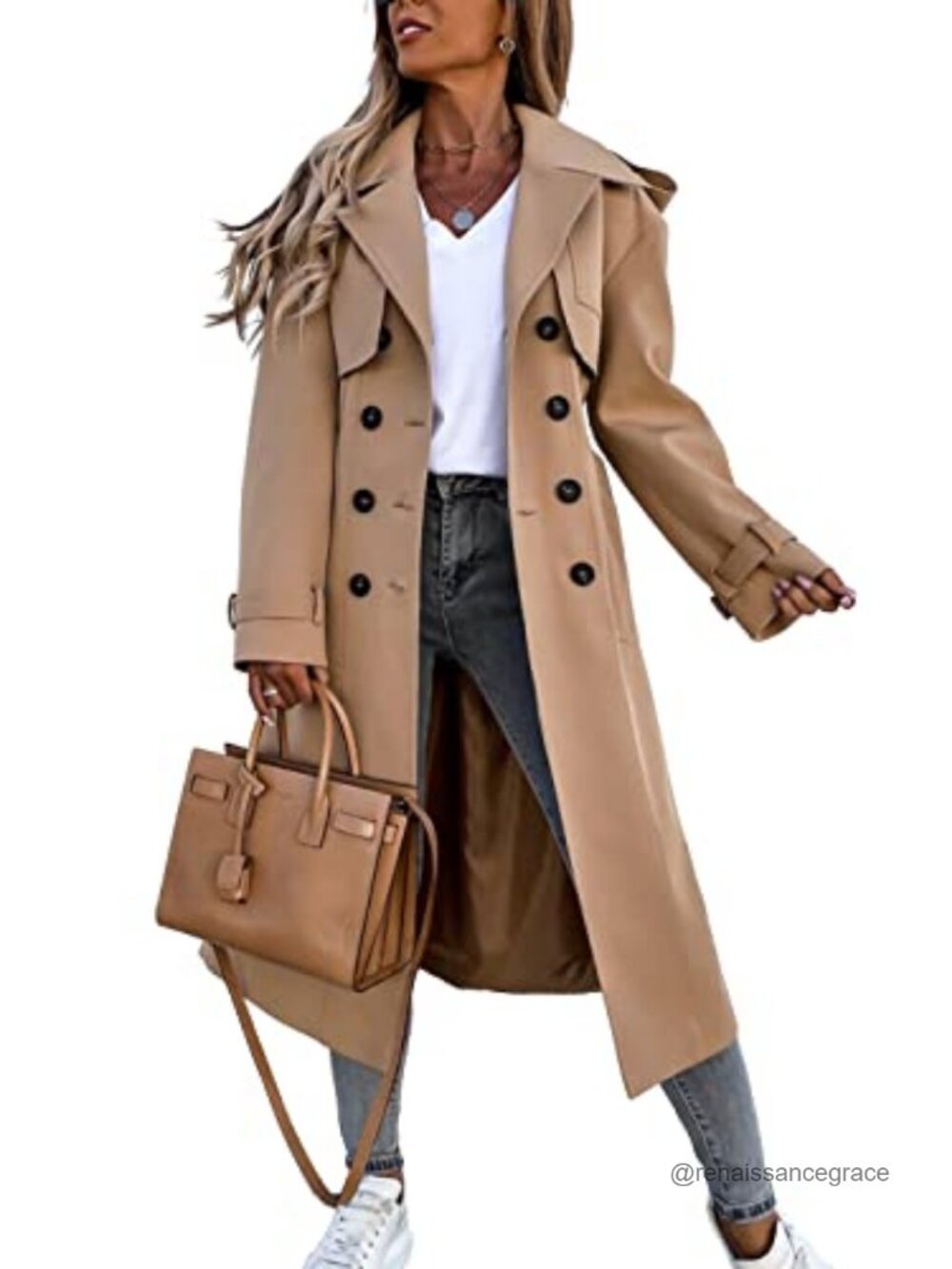 Fisoew Women's Double Breasted Long Trench Coat Windproof Classic Overcoat